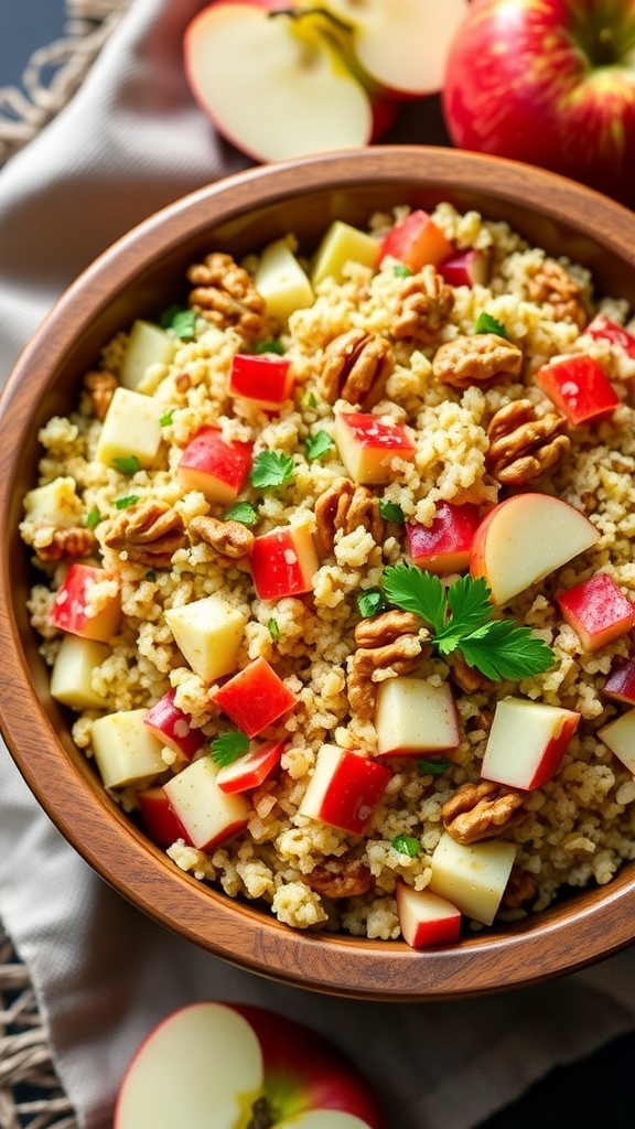 A bowl of quinoa apple salad with apples, walnuts, and parsley, drizzled with maple dressing.